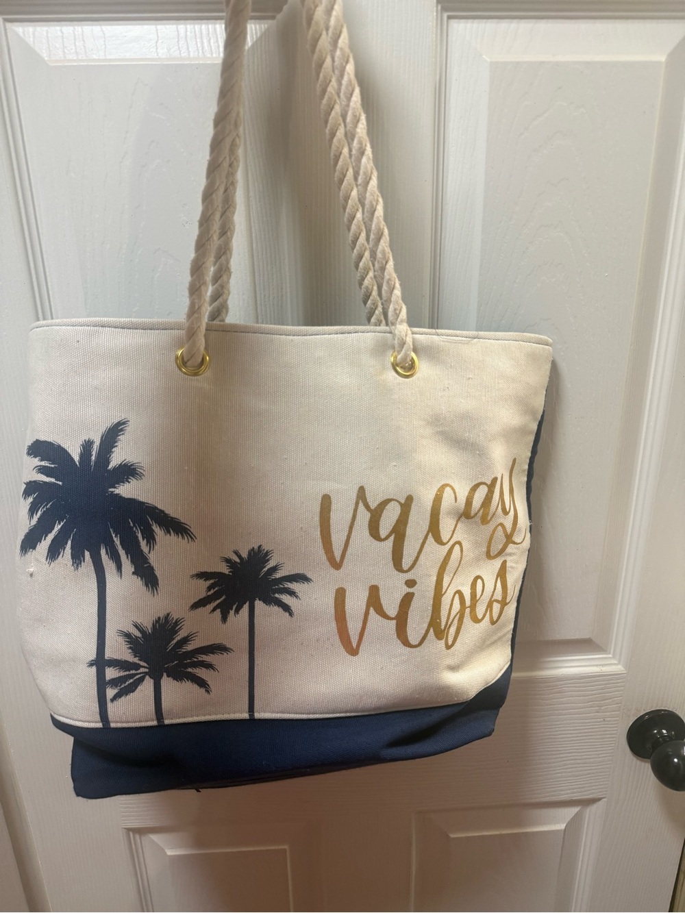 🩷Vacay Vibes Canvas Tote Bag in Navy and Cream
